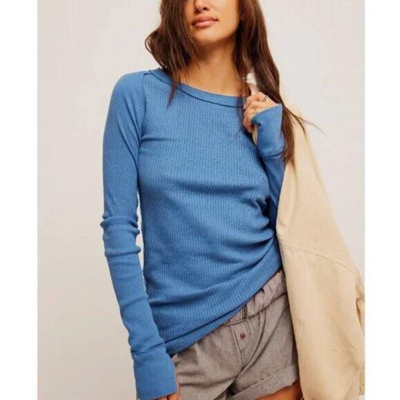 FREE PEOPLE NWT Care FP Honey Bee Crew Neck / Copenhagen Blue - small - Picture 1 of 13